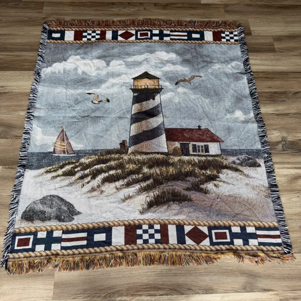 Vintage Lighthouse Woven Tapestry Throw Blanket Nautical Signal Flags 60x50
